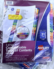 -NEW Avery 1-31 Tab Customizable Table of Contents Dividers 11" x 8-1/2" 11129