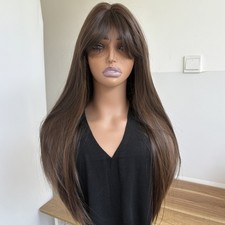 Mixed Brown Long Straight Cosplay Party Wigs With Fringe Heat Resistant Hair