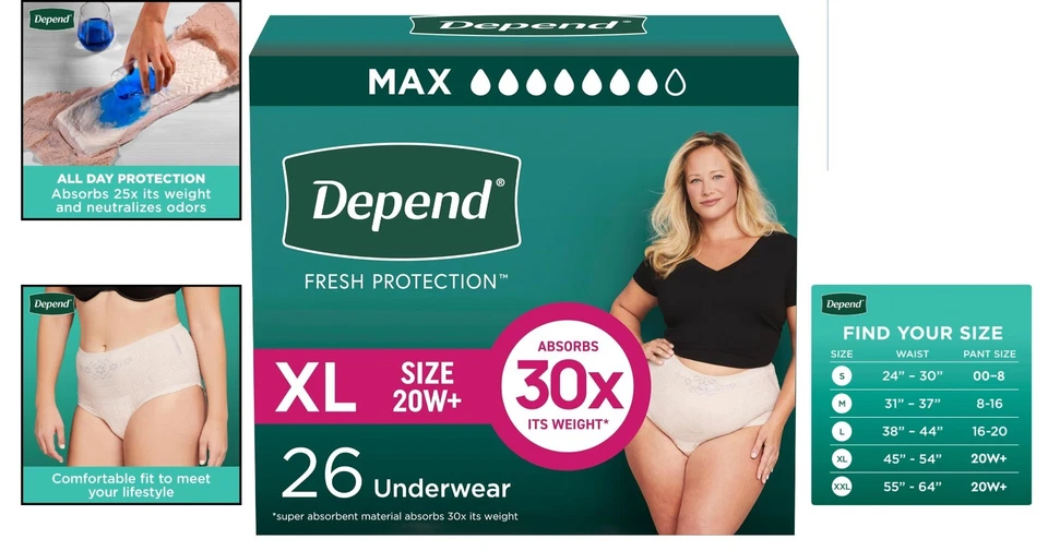 Diagrama de rubor desechable - Ropa interior para incontinencia extra grande de 26 unidades para mujer Foto 2 de 4