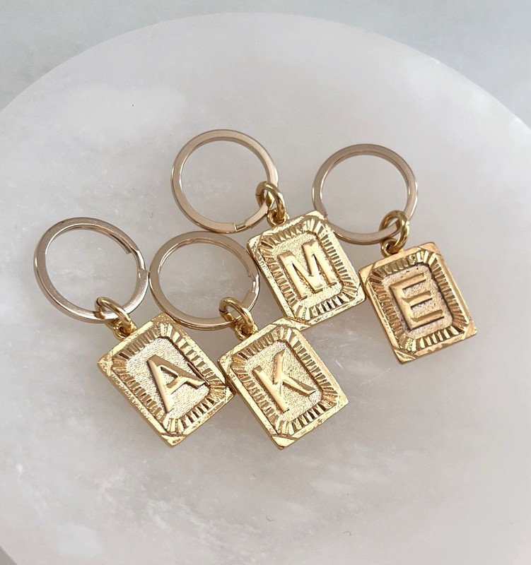 Gold Initial Tag Key Ring Gold Initial Charm Key Chain Charm Keeper Keyring - Product main view