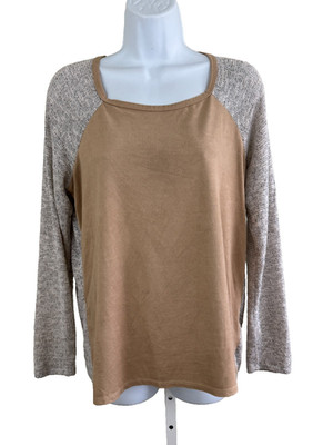 Moa Moa Women's M Tan Beige Top High Low Pleated Back Long Sleeves