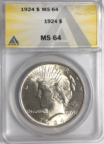 1924 PEACE "ANACS MS64 - KEY/BETTER DATE PEACE, GREAT COLOR AND HIGH POINTS💥✅