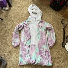Sento Girls Tie-Dye Unicorn Hooded Zip Fleece Robe Purple Green Gray L 14/16