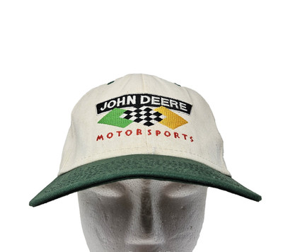 Vintage John Deere Motorsports Hat Cap Snap Back Mens White Green