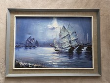Original Textured Oil On Canvas Hong-Kong Harbour Boats