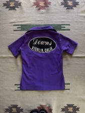 Vintage 1960s Purple Button Down Polyester Flocked Patch Bowling Shirt Size M