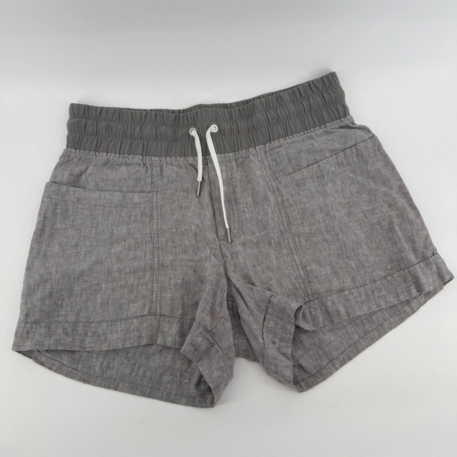 Athleta Cabo Shorts Womens Size 6 100% Linen Gray Drawstring Cuffed