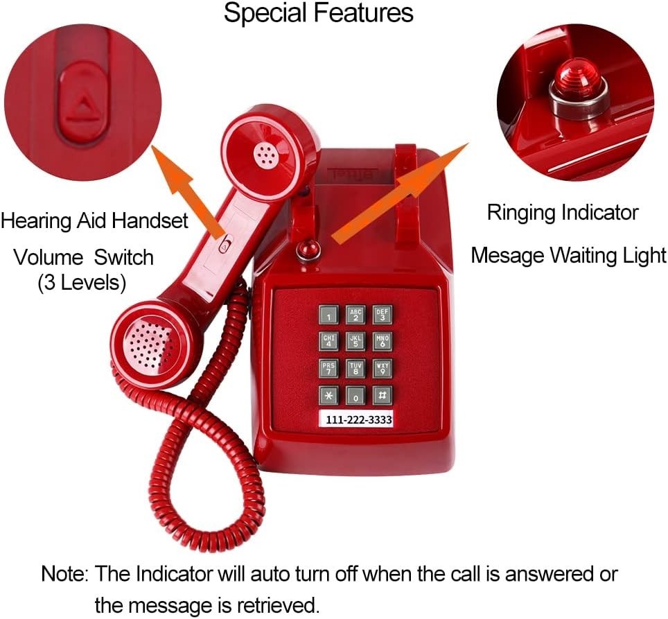 Traditional Red Landline Phone, Retro Corded Telephone Visible Ringing Indicator