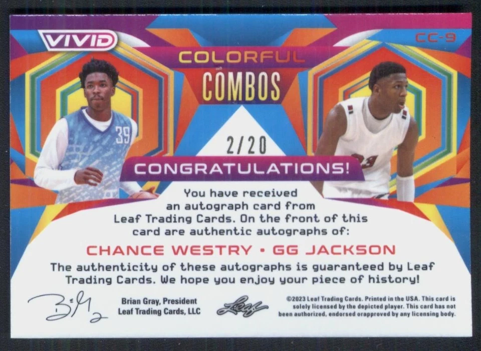 2022-23 Leaf Vivid G.G. Jackson Chance Westry Colorful Combos auto Black #d/20 - Image 2 of 2
