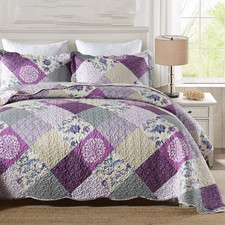 Purple Patchwork Quilt Queen Size, 3Pc Floral Plaid Queen Bedspread