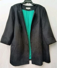 Kasper Long Blazer Jacket Women Size 24W Black Green Open Front 3/4 Sleeve