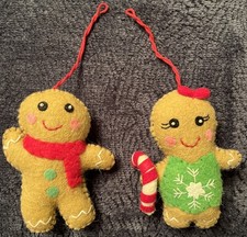 2 Felt Christmas Gingerbread Couple Ornaments Stuffed