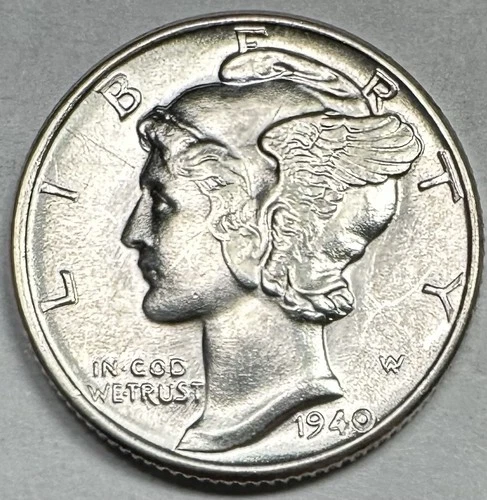 1940 MERCURY DIME CHOICE+  WHITE BU HIGH GRADE UNCIRCULATED SILVER COIN