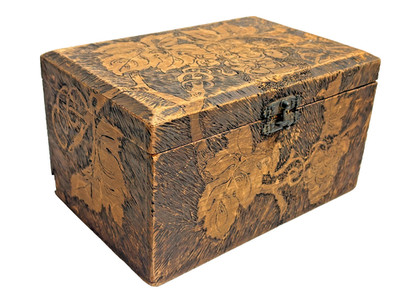 Vintage Pyrography Burned Wood Kit Storage Box Leaf Grape Design 7.5''x5''x4''