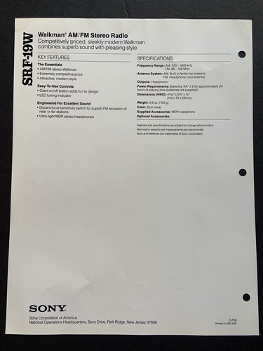 Scheda rivenditore radio AM/FM Sony SRF-19W - Foto 3 di 5