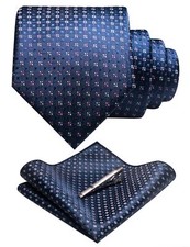Mens Woven Navy Tie and Pocket Square with Tie Bar Sets Solid Necktie160