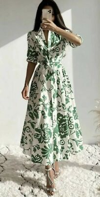 BNWOT ZARA WHITE GREEN PRINTED MIDI BELTED SHIRT DRESS SIZE XS | eBay