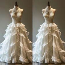 Sexy Wedding Dresses Glitter Sleeveless Ruffles Halter Neck Beach Bridal Gowns