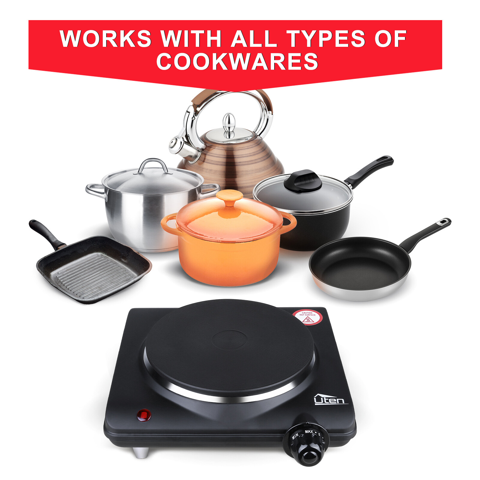 Uten 1000W/2250W Electric Cooker Hobs Portable 1/2 Ring Hot Plate Stove