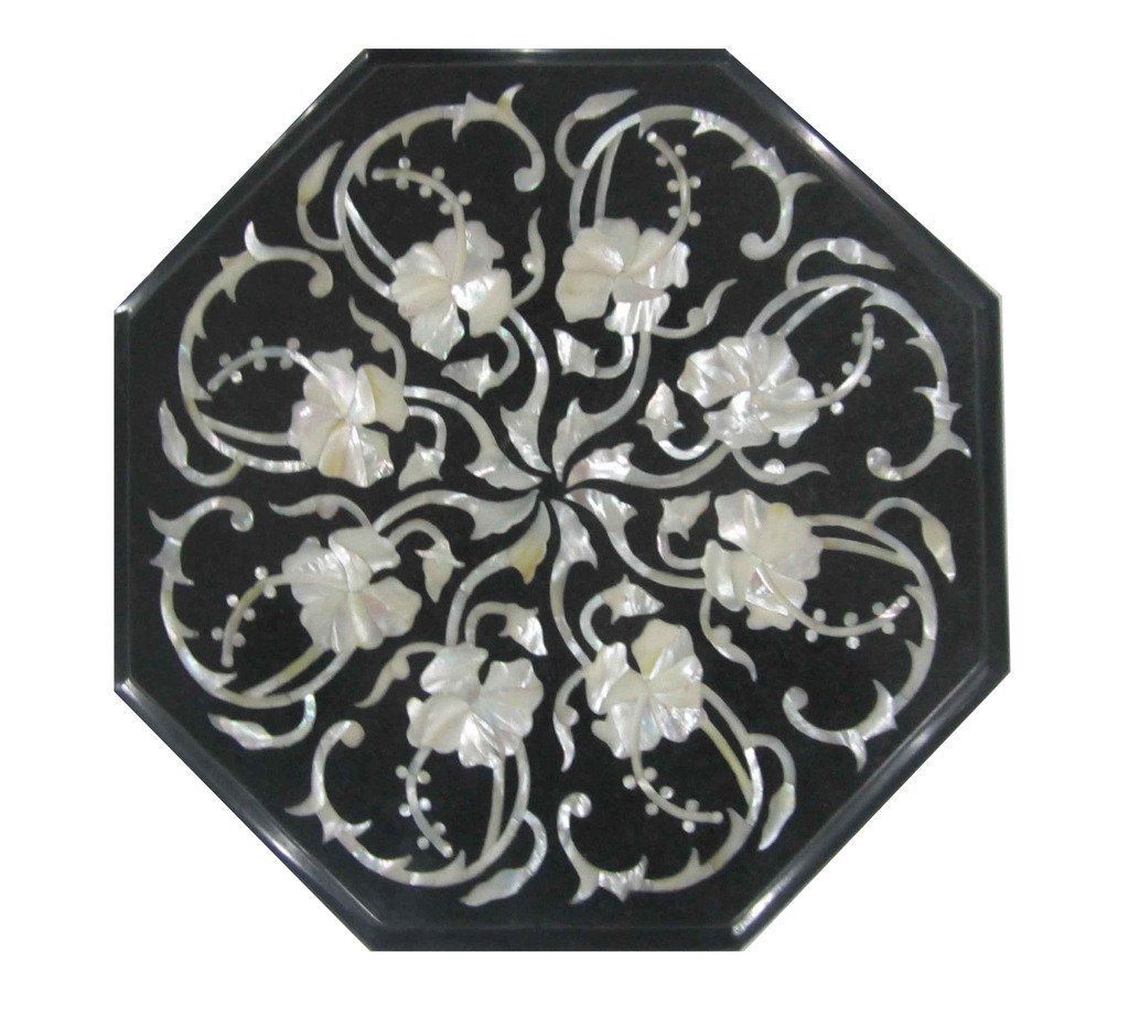 12 Inch Black Marble Pietra Dura Table Top for Home Decor and Gifting