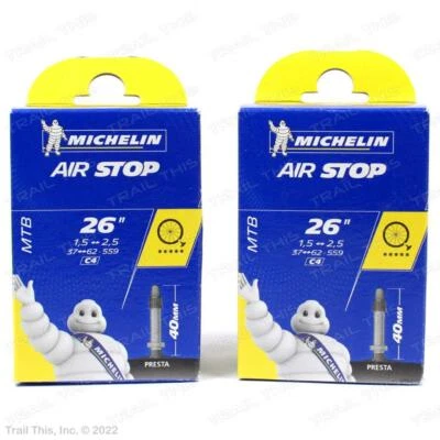 Two (2) Pack Michelin Airstop 26 x 1.5 - 2.5 40mm Presta Bicycle Inner Tubes
