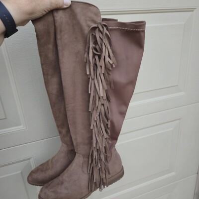 Lane Bryant Knee High Suede Fringe Boots Size 8W Leggings Winter Fashion