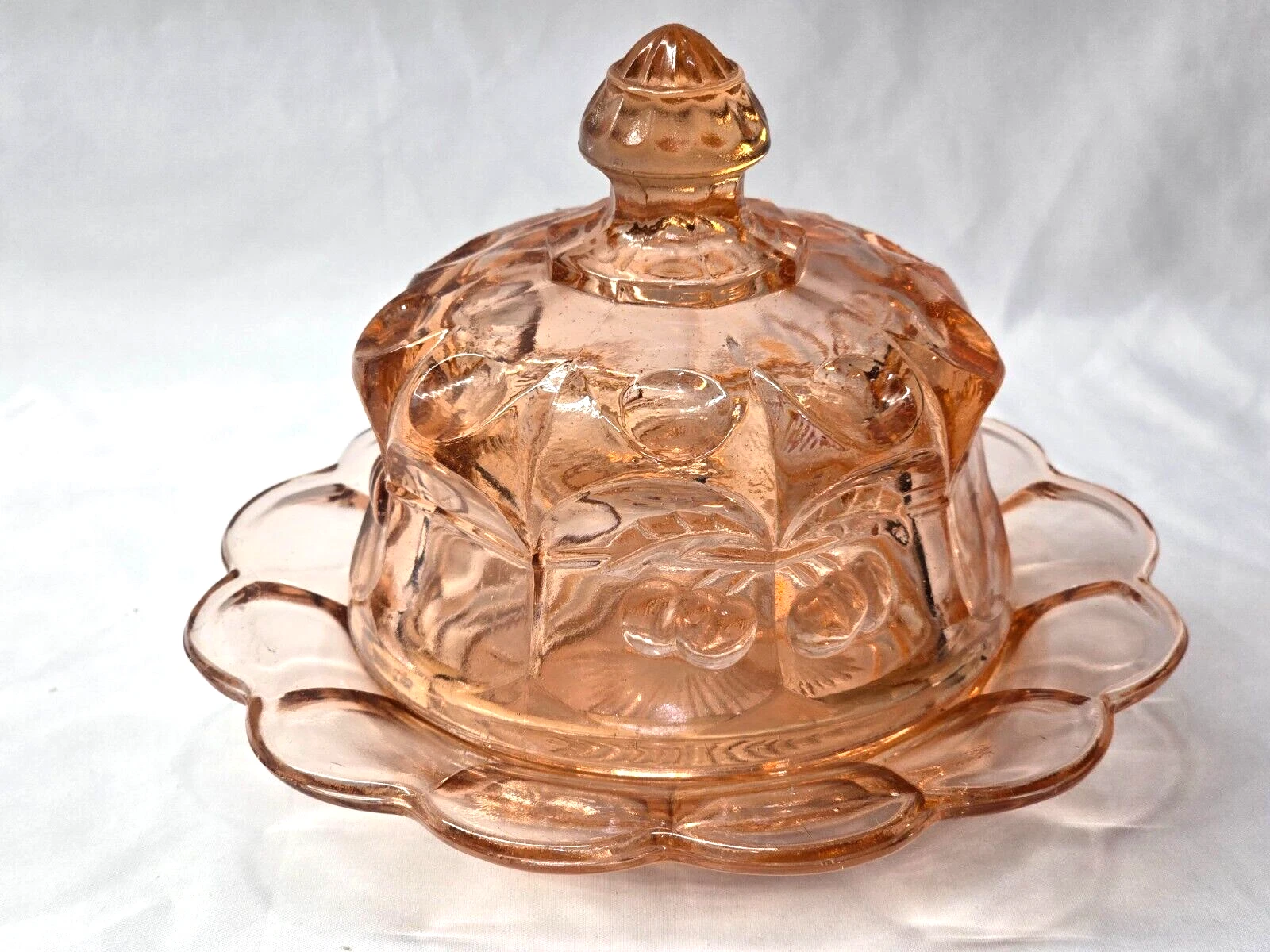 Mosser Glass Cherry Thumbprint Pink Pound Butter Dish with Lid Vintage