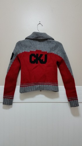 CALVIN KLEIN JEANS Wool Sweater Red Grey Lambswool Varsity Medium Boys Girls Med - Picture 7 of 12