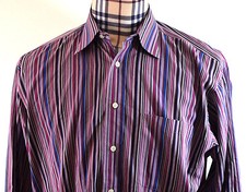 TED BAKER Men's Purple Blue Black Striped Flip Cuff Dress Shirt 16.5