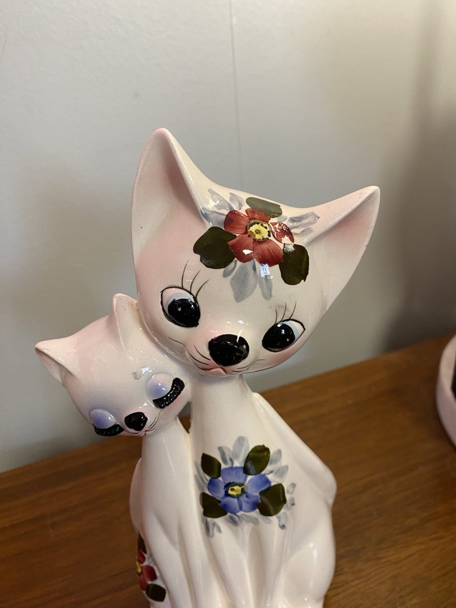 Vintage Kitschy Flower Cats Ceramic Figurine Pair Kitsch Kawaii