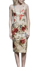 David Meister Halter Dress, Size 10, Beige Floral Cocktail USA Made Vintage Y2K
