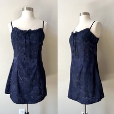Cider Navy Satin Jacquard Floral Mini Slip Dress Coquette Lace Corset Medium Y2K
