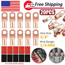 20X 1/0 AWG Gauge Copper Lugs W/ BLACK RED Heat Shrink Ring Terminals Wire