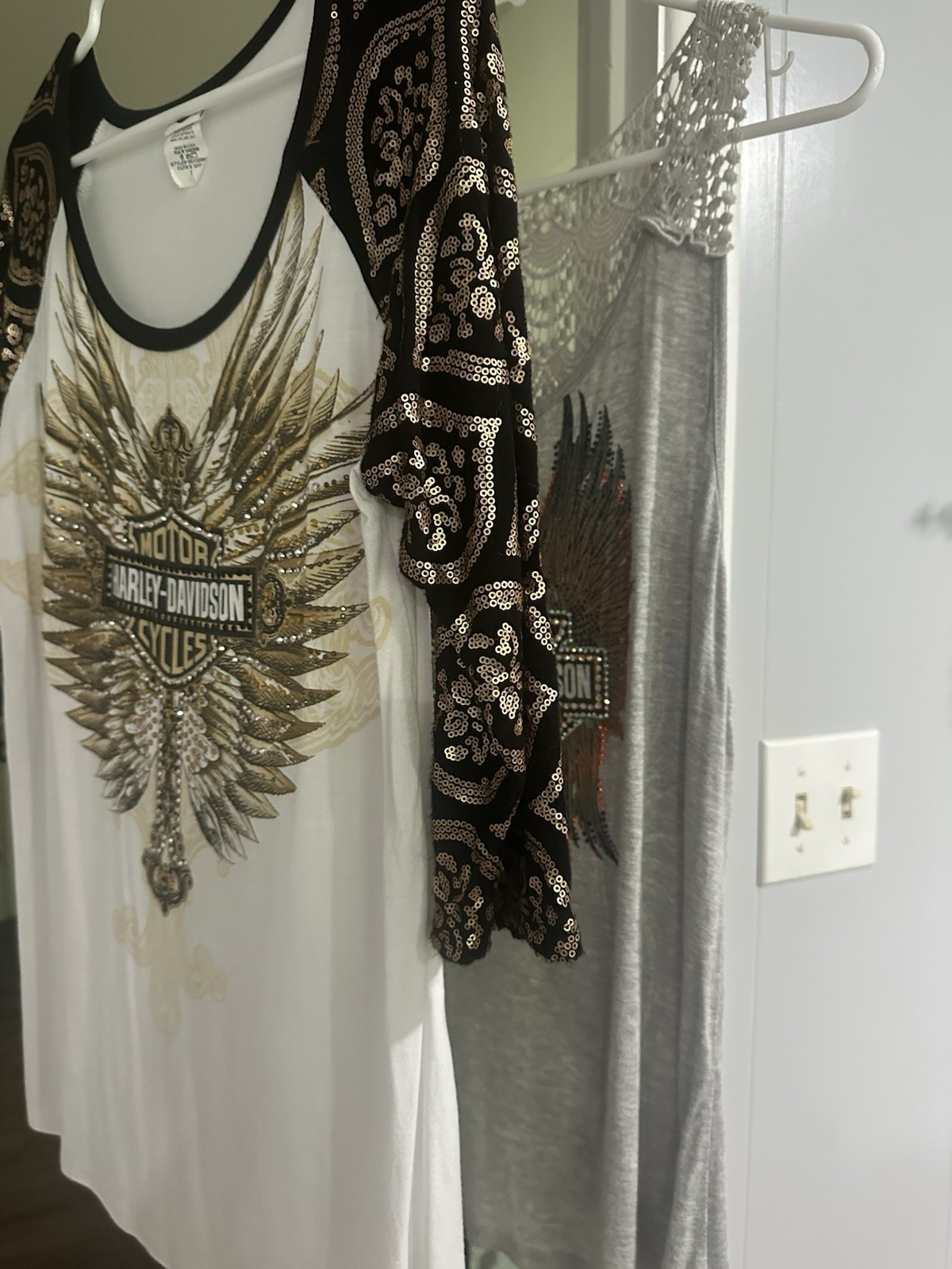 Harley-Davidson Women’s XL White/Black Raglan 3/4 Sleeve Sequin Rhinestone Tee