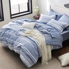 Queen Comforter Set 7 Pieces Blue Striped Bedding Set All Seasons Reversible
