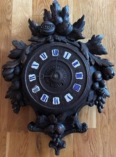 LARGE BLACK FOREST wood carving wall clock nuts/berrys theme, MISSING Pendulum