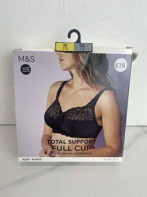 M&S Black Non-Wired Total Support Full Cup Bra Lingerie Embroidered 38 DD T766