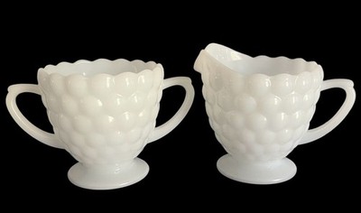 Vintage Anchor Hocking Bubble Milk Glass Sugar Bowl Cup Creamer Cream Pitcher