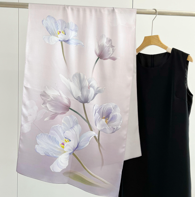 100% Mulberry Silk Scarf 170x53cm Floral Print Womens Wrap Neckerchief White