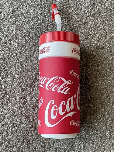 Coke Coca-Cola Drink Bottle Plastic Insulated Foam with Straw Vintage 1980's