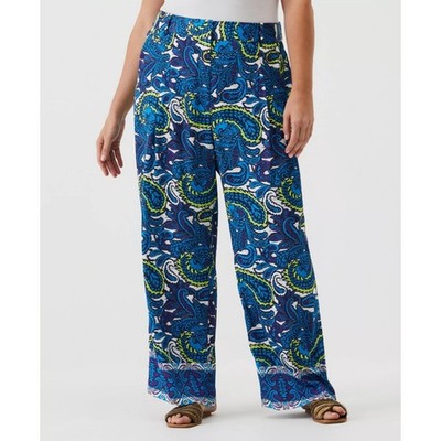 ELLA Rafaella Women Blue Paisley Satin High Rise Wide Leg Pants Plus Size 18W