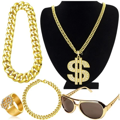 MARKENLOS 5 Stücke Goldkette,Hip Hop Anhänger Halskette für Fasching Karneval Party Golden