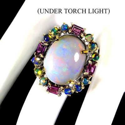 925 Sterlingsilber Ring Oval Feuer Opal 22ct Rhodolit Granat Handgemacht Gems Sz - Bild 1 von 4