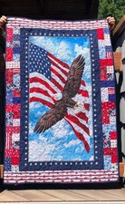 Handmade Patriotic USA Quilt, Soaring American Eagle, Red White Blue Patchwork