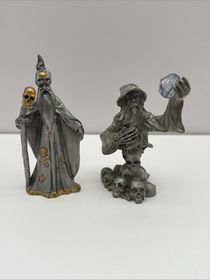 2 Unmarked Pewter Wizard Figurines Skull Staff And Skull Base