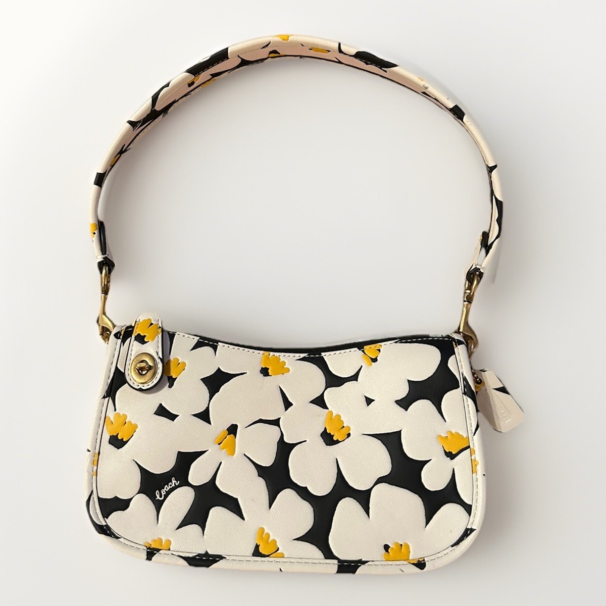 Coach Shoulder Bag Swinger 20 Leather Daisy Print Navy, Yellow