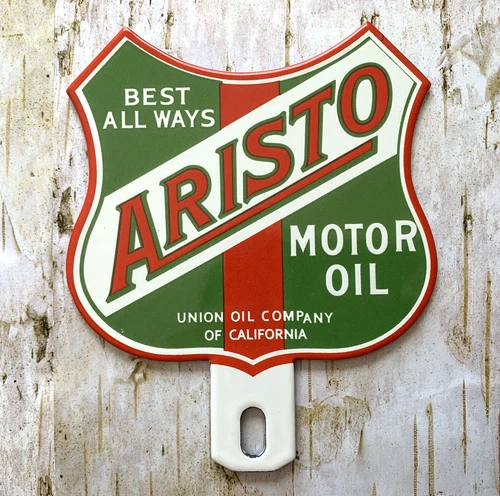 VINTAGE 6x5"ARISTO MOTOR OIL CAN GASOLINE GAS PUMP STATION PORCELAIN TOPPER SIGN