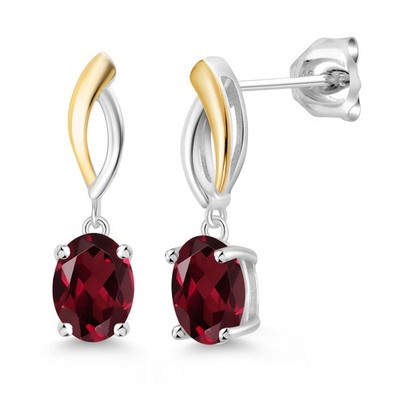2.70 Ct  8x6mm Rhodolite Garnet 925 Silver and 10K Yellow Gold Dangle Earrings