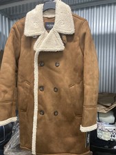 Guess Men's Size M Brown Double-Breasted Faux Fur Shearling Overcoat Jacket
