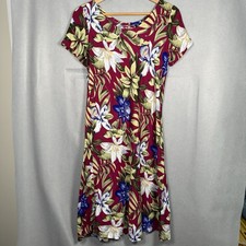 VTG Hibiscus Collection Hawaiian Dress Tropical Floral Burgundy Green Sz S